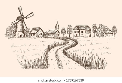 Sketch of a rural landscape. The road leading to the farm, houses, mill through a wheat field.Good for packaging farm, eco-friendly, natural food. Engraved,etched image. Hand drawn. Monochrome vector.