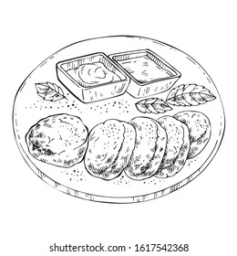 Sketch Russian Cheesecakes With Mint And Sour Cream. Hand Drawn Pancakes On Plate