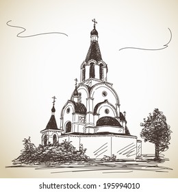 Sketch of Russian Orthodox Church. Hand drawn illustration