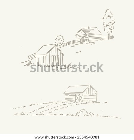 Sketch of Rustic Barns on a Hillside, line art, illustration in graphic style