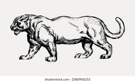 Sketch of a saber-toothed tiger, muscular build and long fangs. The saber-toothed tiger is depicted in a side profile, emphasizing its prehistoric features. Vintage animal illustration vector.