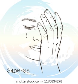 Sketch of sad crying woman face closed with hand, Hand drawn vector illustration on watercolor background