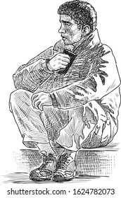 Sketch of sad man sitting with mobile phone in waiting