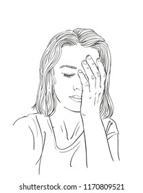 Sketch Of Sad And Tired Young Woman, Hand Drawn Vector Linear Illustration