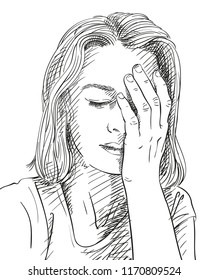 Sketch of sad and tired young woman, Hand drawn vector illustration