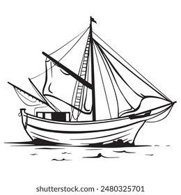 Sketch of the sailing boat drawing black and white	