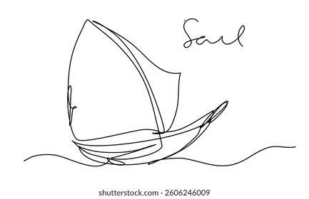Sketch of sailing boat in elegant line art style in black and white. Perfect for nautical designs and minimalistic decor with copy space. Line art editable continuous concept.