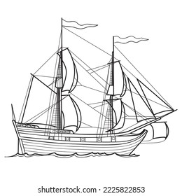 sketch, sailing historic ship, coloring book, isolated object on white background, cartoon illustration, vector, eps