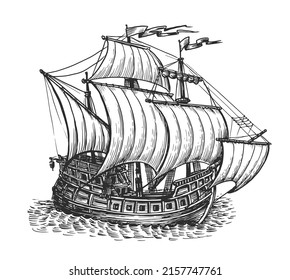 Sketch sailing old ship vector illustration. Sea vessel hand drawn in vintage engraving style