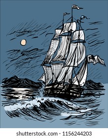 Sketch of a sailing ship in the night sea