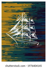 Sketch of sailing ship. Wall art. Hand drawn vector illustration.
