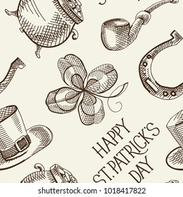 Sketch Saint Patricks Day seamless pattern with clover hat horseshoe smoking pipe pot of coins vector illustration