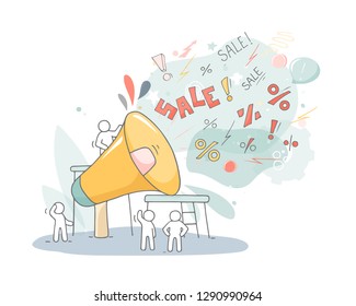 Sketch of sale concept . Doodle cute miniature of teamwork and big loudspeaker. Hand drawn cartoon vector illustration for marketing design.