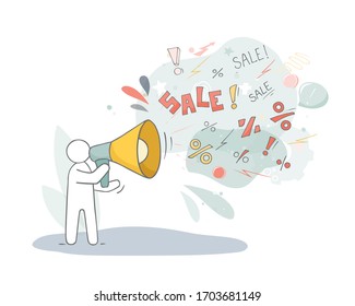 Sketch of sale concept . Doodle man and big loudspeaker. Hand drawn cartoon vector illustration for marketing design.