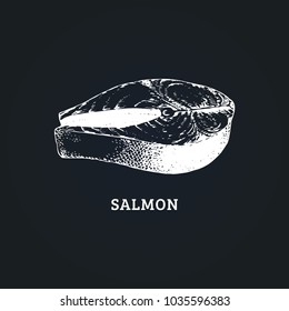 Sketch of salmon steak. Vector illustration in engraved style. Drawn image of healthy seafood. Used for fish restaurant, market, store, etc.