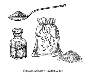 Sketch salt set. Salt in a salt shaker, spoon, bag. Edible food seasoning in glass bottle. Himalayan condiment piles and spoons. Sea sodium mineral. Cooking ingredient. 