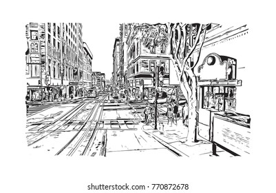 Sketch of San Fransisco road traffic, California, USA in vector illustration.