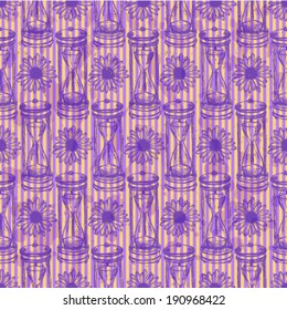 Sketch sand clock and daisy, vector vintage seamless pattern