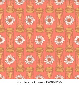 Sketch sand clock and daisy, vector vintage seamless pattern