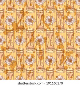 Sketch sand clock and daisy, vector vintage seamless pattern