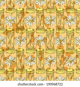 Sketch sand clock and narcissus, vector vintage seamless pattern