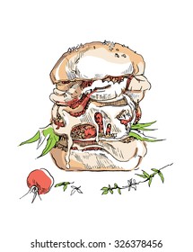Sketch of sandwich made in vintage style. Vector illustration.