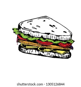 Sketch of sandwich. with tomatoes and herbs. Hand drawn illustration converted to vector 