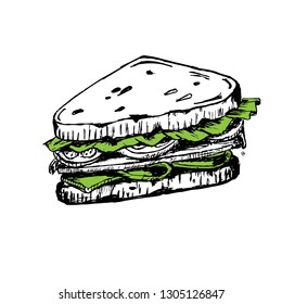 Sketch of sandwich. with tomatoes and herbs. Hand drawn illustration converted to vector 