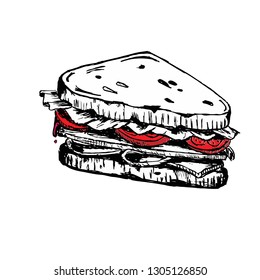 Sketch of sandwich. with tomatoes and herbs. Hand drawn illustration converted to vector 