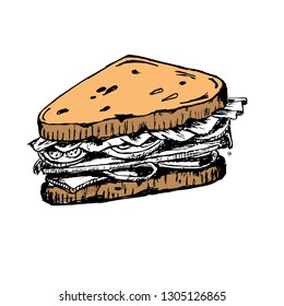 Sketch of sandwich. with tomatoes and herbs. Hand drawn illustration converted to vector 