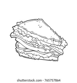 Sketch sandwich with vegetables in monochrome. Vector illustration isolated on white background. Fresh sandwich with cheese, tomato and meat.