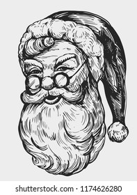 Sketch Of Santa Claus Face. Engraving  Style. Hand Drawn Illustration Converted To Vector