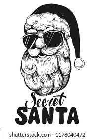 Sketch Of Santa Claus Face. Secret Santa. Engraving  Style. Hand Drawn Illustration Converted To Vector