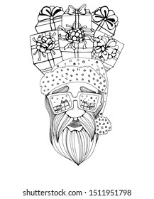 Sketch of Santa Claus face. Secret Santa. Engraving style. Hand drawn illustration converted to vector