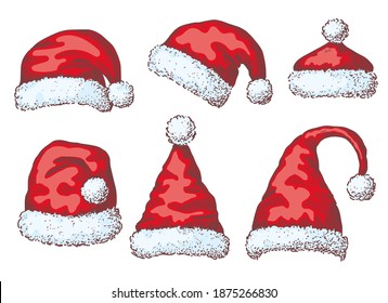 Sketch Santa Claus red hats, vintage etching vector illustration.