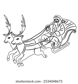 sketch of santa flying with deer on white background, vector