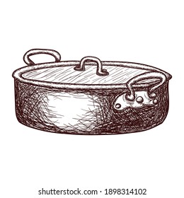Sketch of a saucepan with a lid contour drawing isolated on white background, stock vector illustration, for design and decoration, sticker, template, vintage, banner, copper cookware