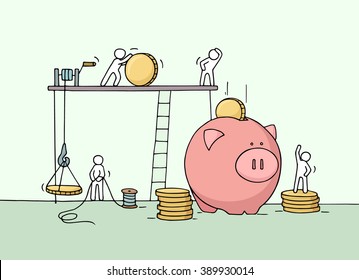 Sketch of save coins in moneybox  with working little people. Doodle cute miniature of economy money. Hand drawn cartoon vector illustration for business design and infographic.