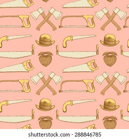 Sketch saws, ax, hat and beard in vintage style, vector seamless pattern