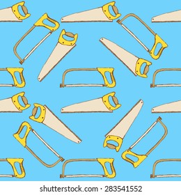 Sketch saws for wood and metal in vintage style, vector seamless pattern