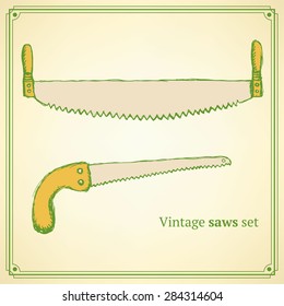 Sketch saws for wood in vintage style, vector