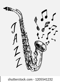 Sketch of saxophone. Jazz instrument. Hand drawn illustration converted to vector