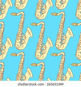 Sketch saxophone musical instrument in vintage style, vector seamless pattern