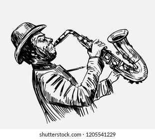 Sketch of a saxophonist. Jazz musician. Hand drawn illustration converted to vector