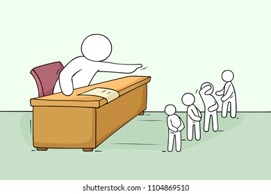 Sketch scene with big boss and little people. Doodle miniature about dismiss workers. Hand drawn cartoon vector illustration for business design.