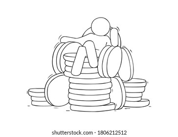 Sketch scene with big boss on a stack of coins. Doodle miniature about power and wealth. Hand drawn cartoon vector illustration for business design.