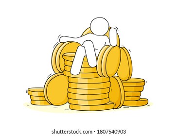 Sketch scene with big boss on a stack of coins. Doodle miniature about power and wealth. Hand drawn cartoon vector illustration for business design.