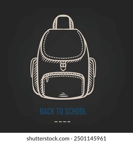 Sketch school backpack for books hand-drawn on a dark background. Vector