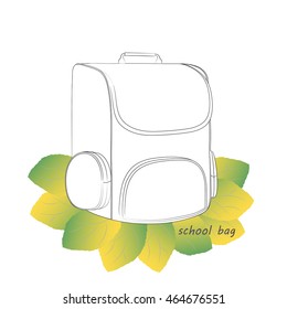 Sketch of school backpack on a pile of autumn leaves. Vector illustration.