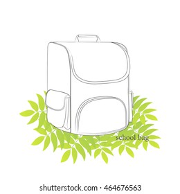 Sketch of school backpack on a pile of autumn leaves. Vector illustration.